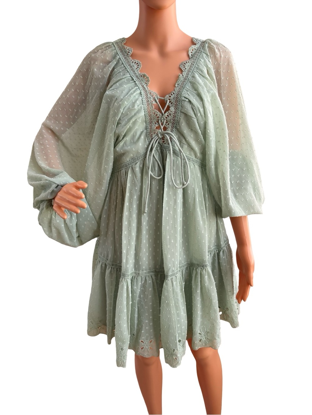 ASOS Light Sage Swiss Dot Lace-Up Boho Mini Dress